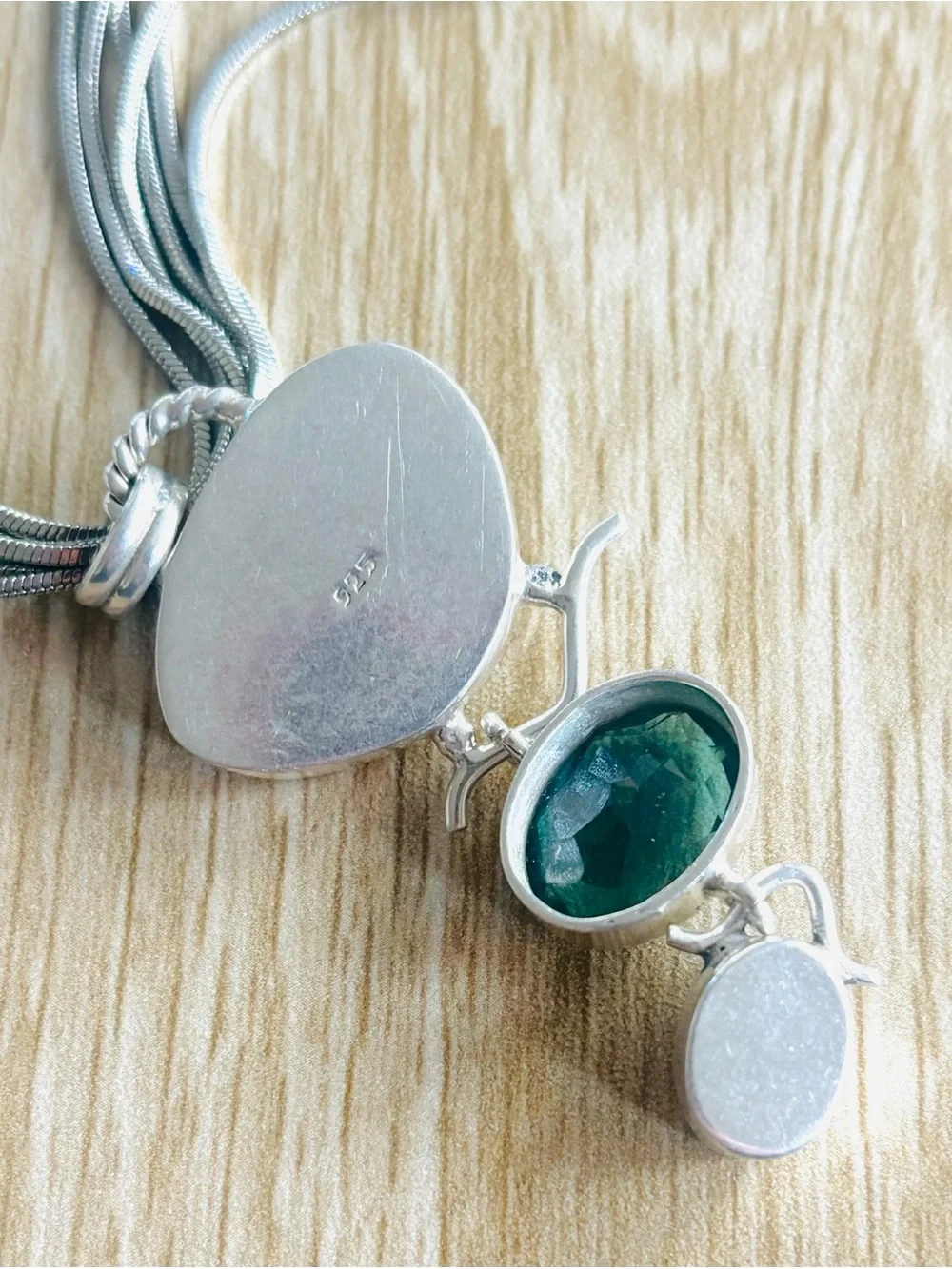 Sterling Silver Multi Strand Necklace with onyx, pearl and Angelite pendant